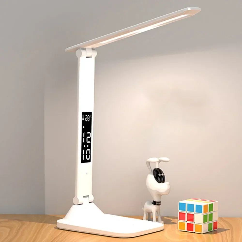 LED Desk Lamp – USB Dimmable Foldable Table Lamp with Clock, Calendar, Temperature Display & Night Light
