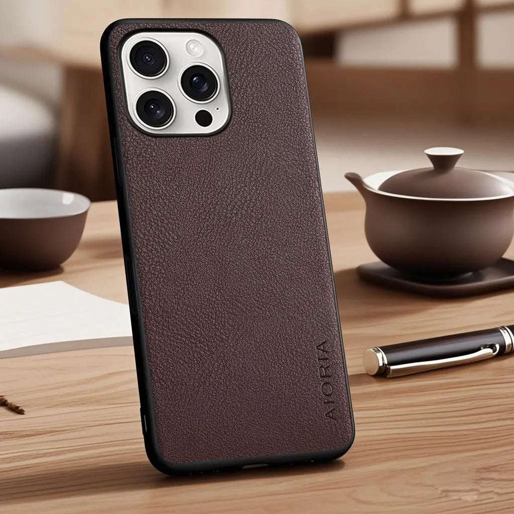 Vegan Faux Lychee Pebbled Leather Case for iPhone 15–17 Series – Soft Protective Cover