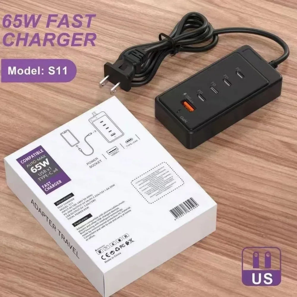 65W USB-C Fast Charging Hub – Multi-Port Wall Charger with 1M Extension Power Socket
