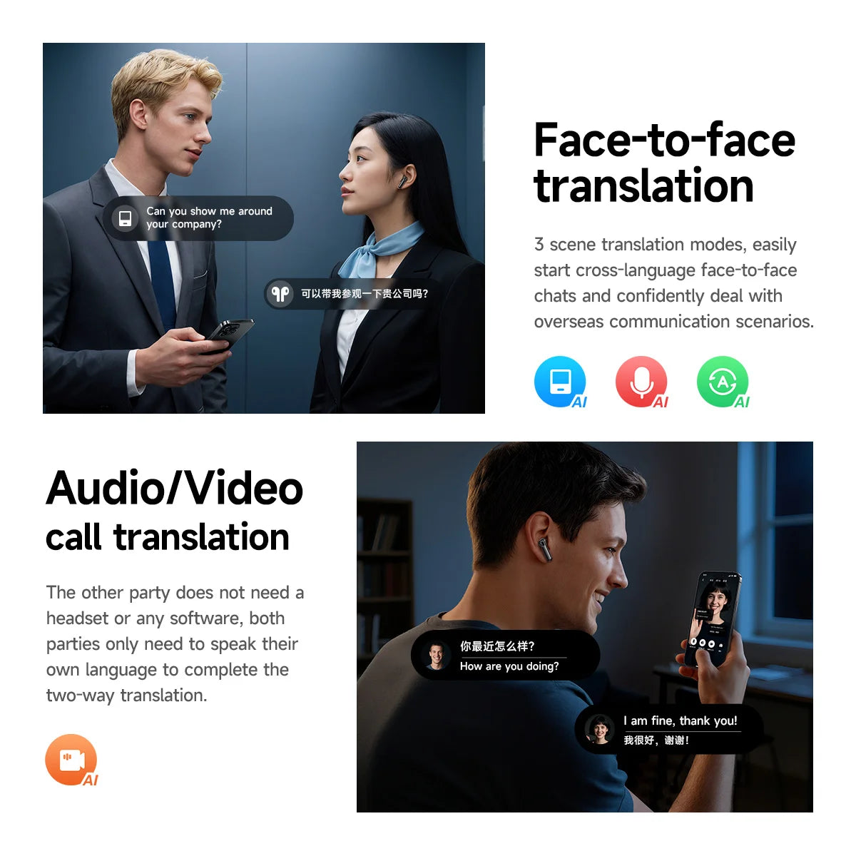 HOCO Smart AI Translation Wireless ANC ENC Noise Cancelling Earphones Bluetooth 5.4 Music Sports HiFi Stereo Earbuds with 4 Mics