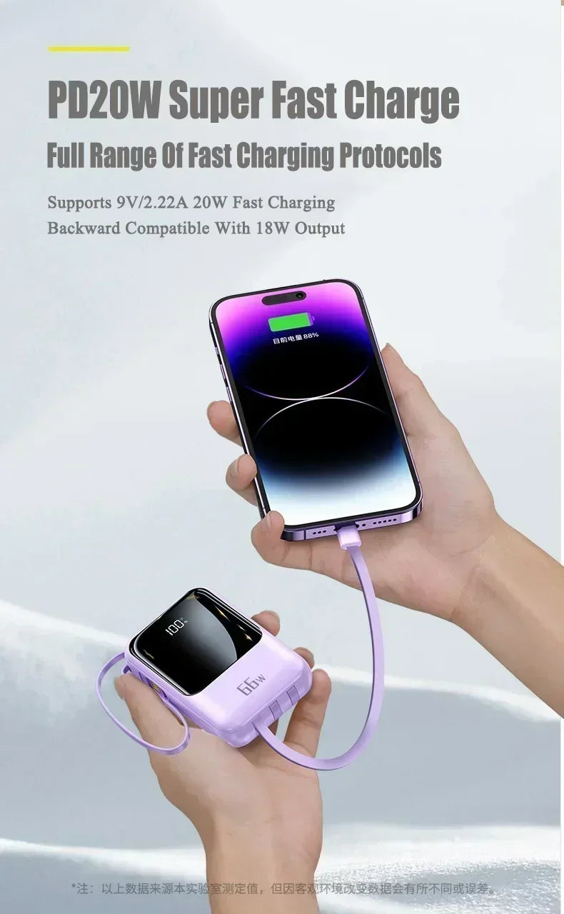 66W 30000mAh Portable Power Bank with Built-in Cables