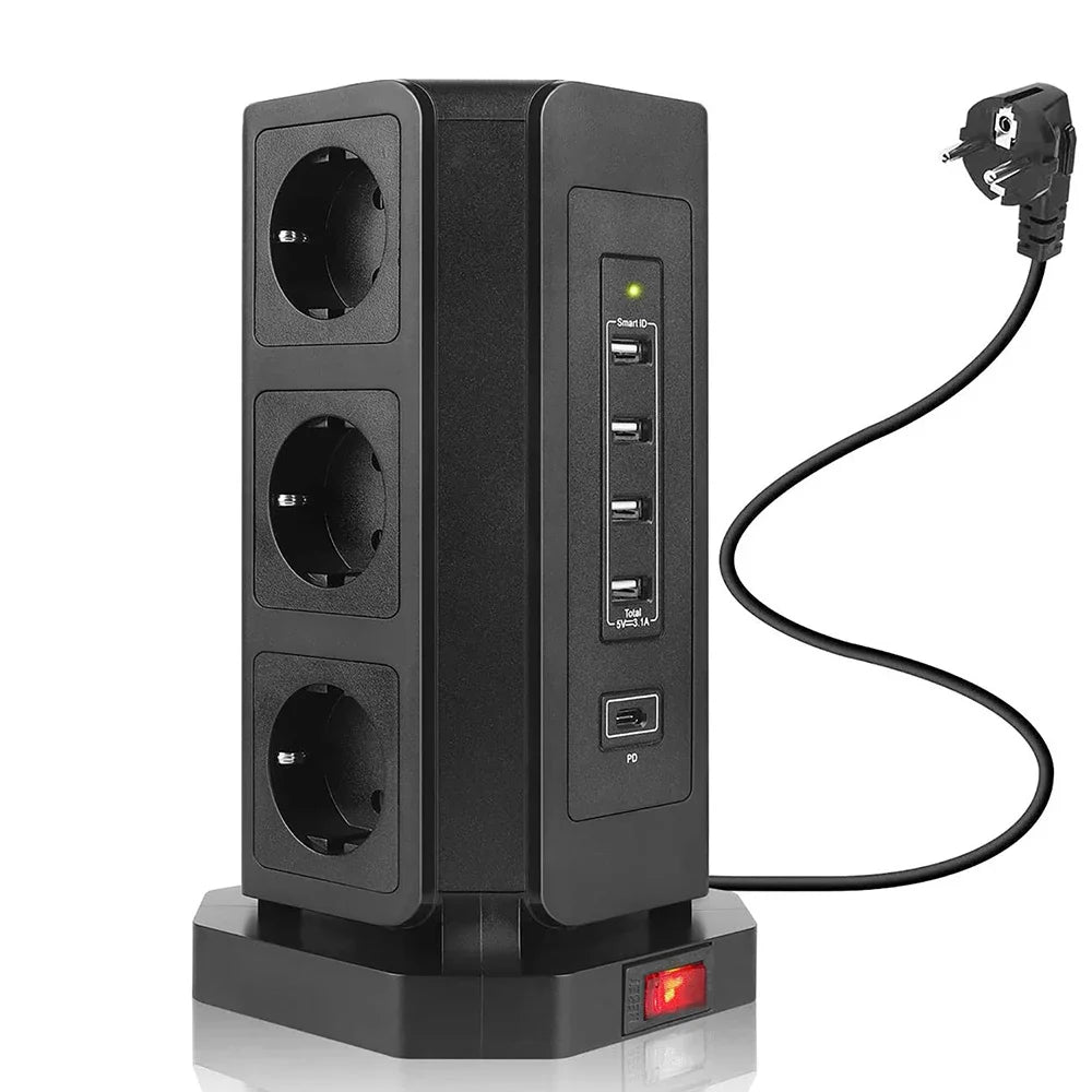 MELERY EU Vertical Space - Saving Tower Power Strip – 9 AC Sockets & 5 USB Ports