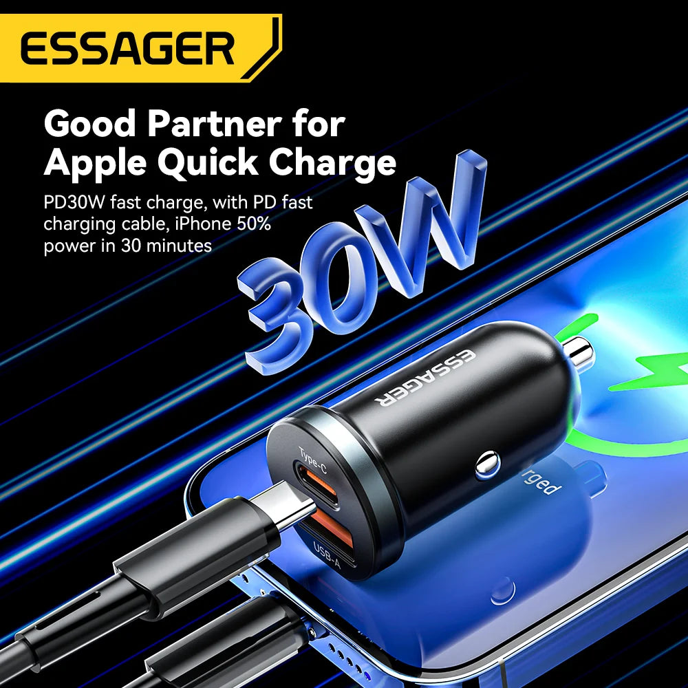 Essager 30W USB Type C Car Charger Fast Charge PD QC 3.0 FCP AFC For iphone 14 13 12 Xiaomi Huawei Samsung Mobile Phones Adapter