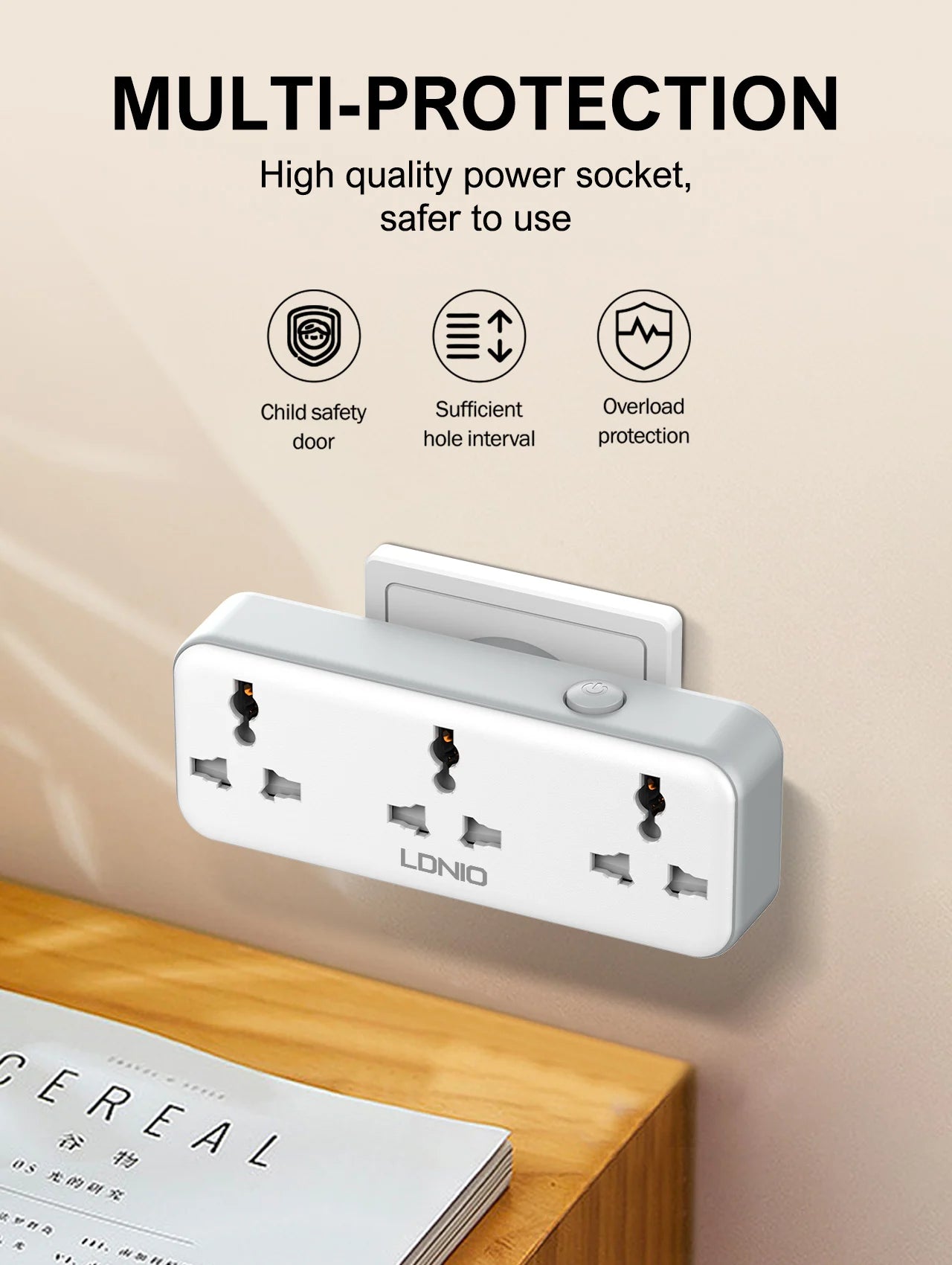 LDNIO Rotatable Power Plug with Switch – 3 AC Sockets & 2 USB (30W PD)