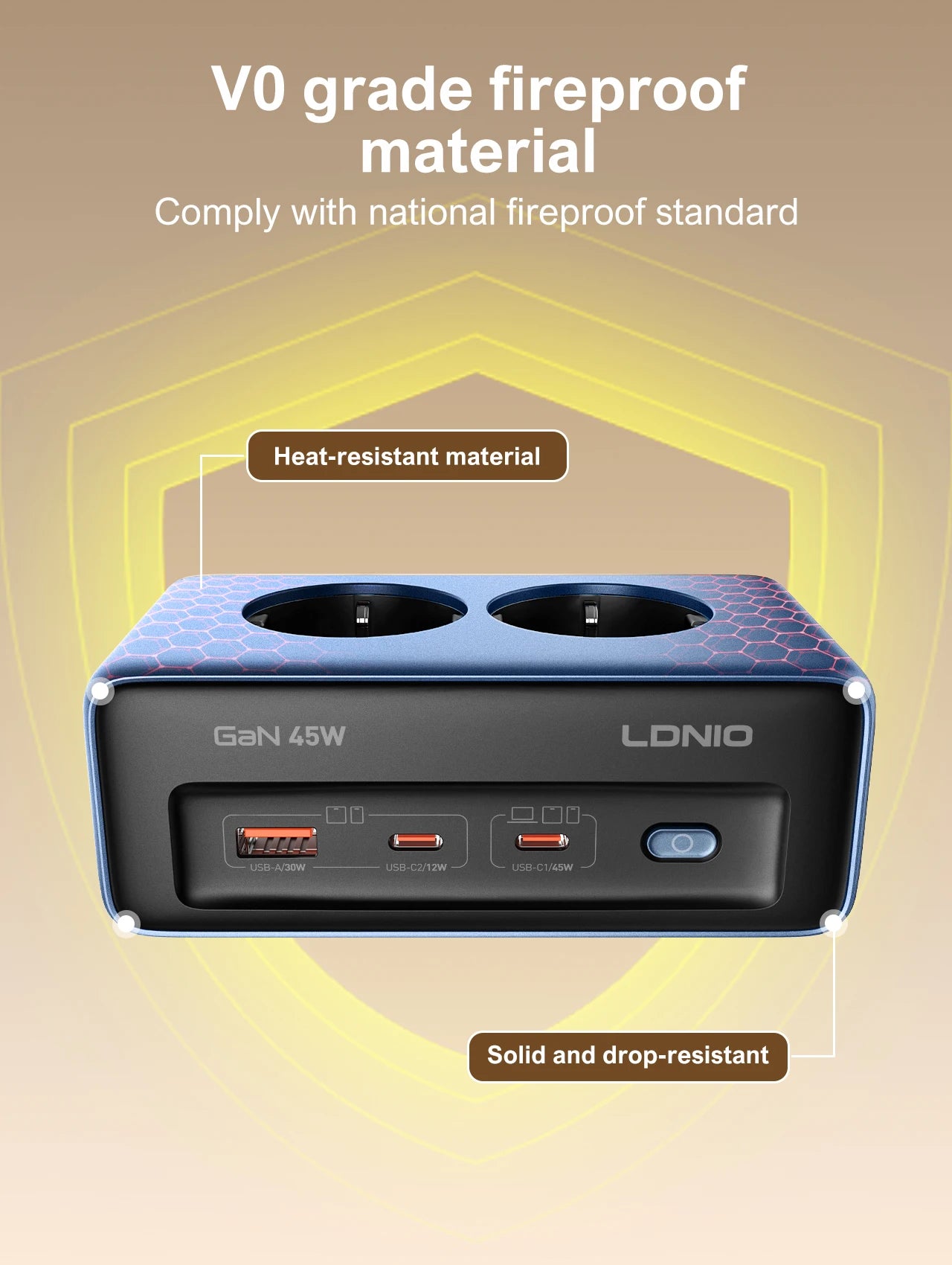 LDNIO 45W Fast Charger Cube – USB-C Charging Station with Extension Cable 2 M