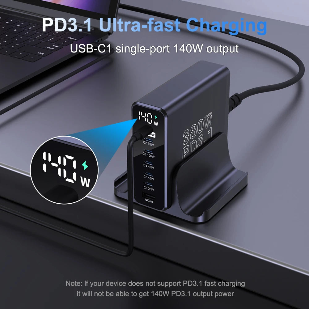 Ubigbuy 380W GaN USB C Charger PD 3.1 140W 100W PPS 45W Fast Charging Station LCD Display for iPhone 15 Samsung MacBook Pro/Air