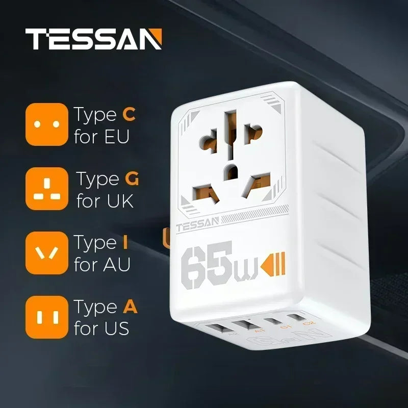 TESSAN 100W GaN Universal Travel Adapter – USB & Type-C Fast Charging
