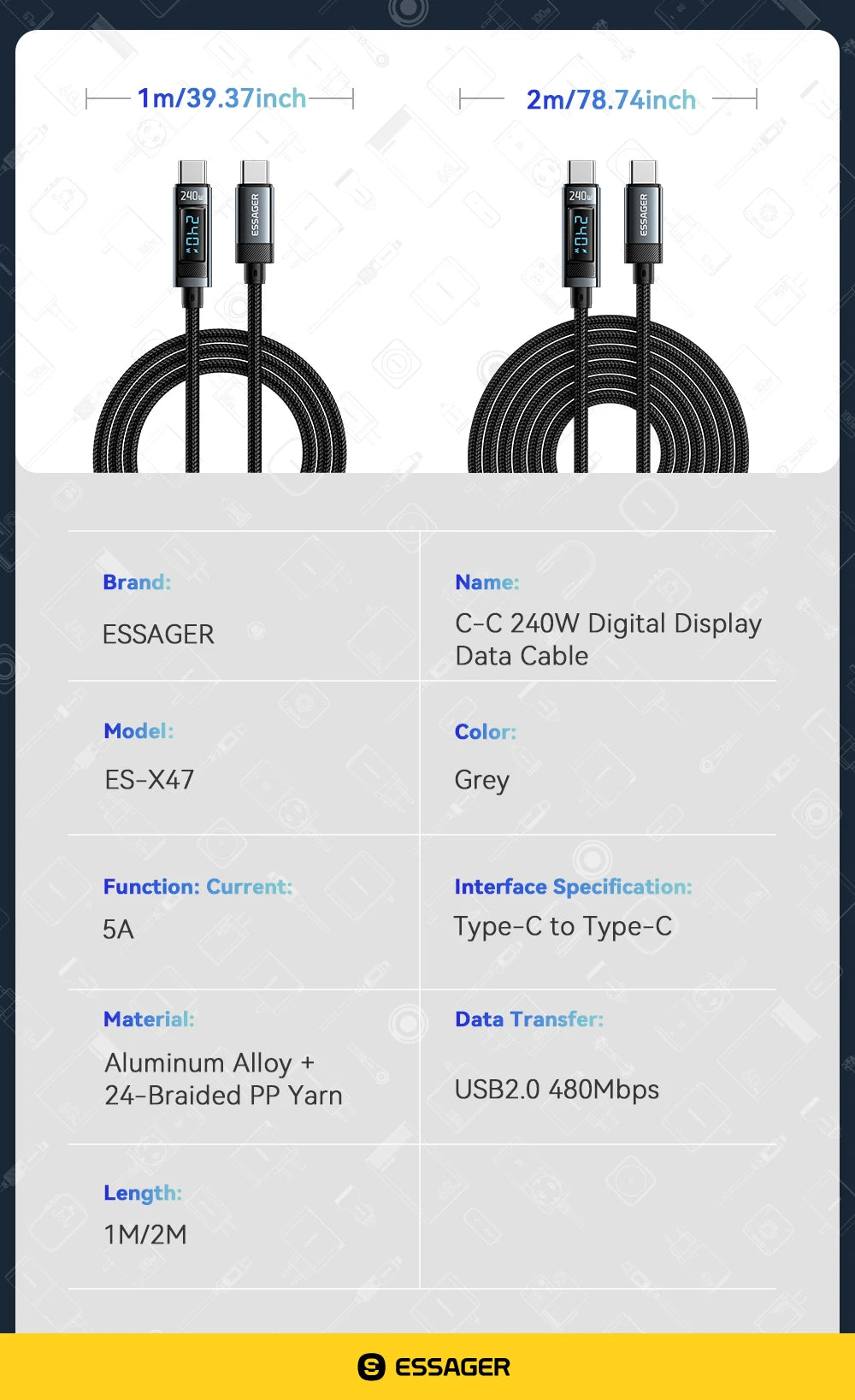 Essager 240W USB Type C To USB C Cable 100W PD 3.1 Fast Charging Charger Wire For iPhone 15 Pro max Macbook Pro Xiaomi Samsung
