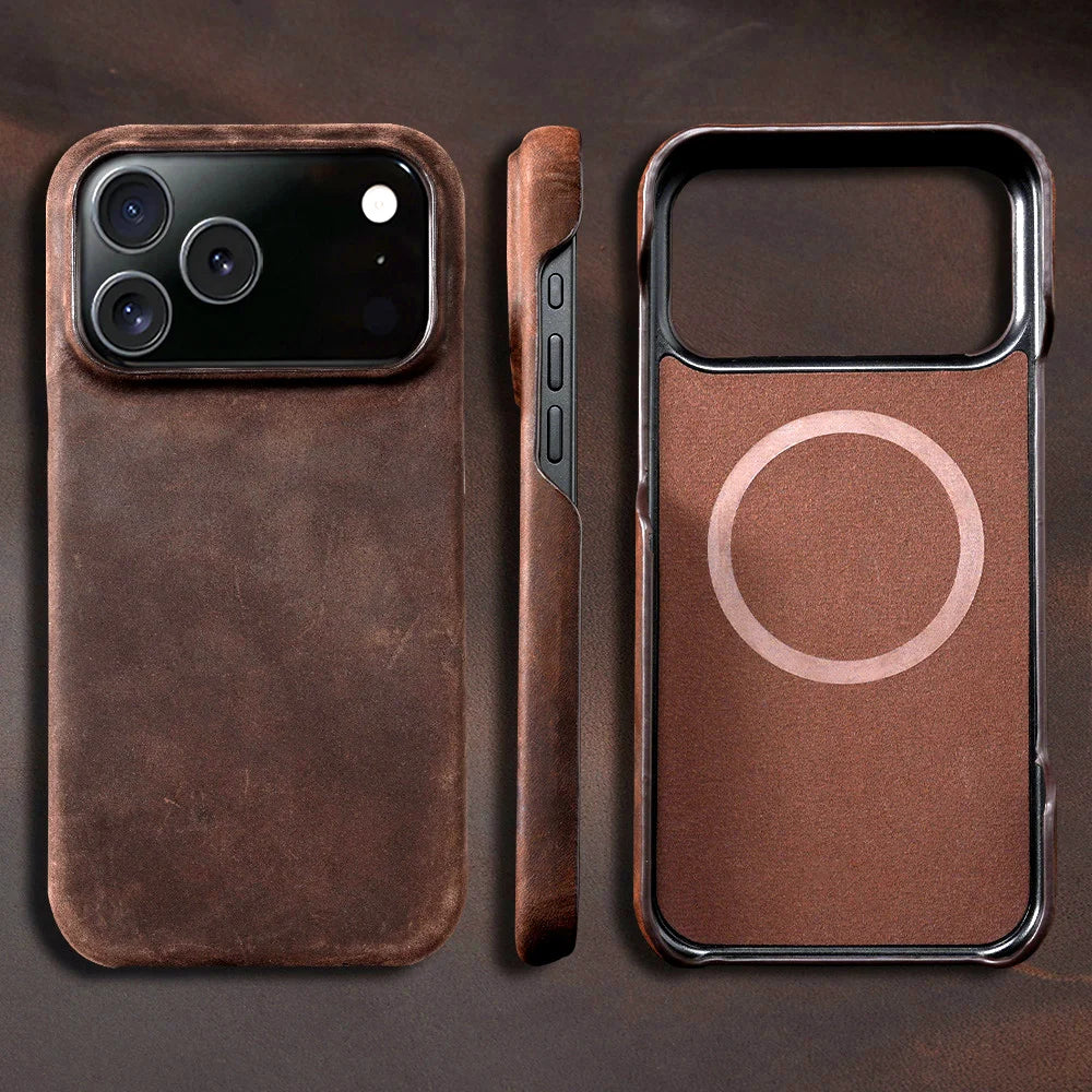 Retro Genuine Pull-Up Leather Magnetic Case – iPhone 15–17 Series