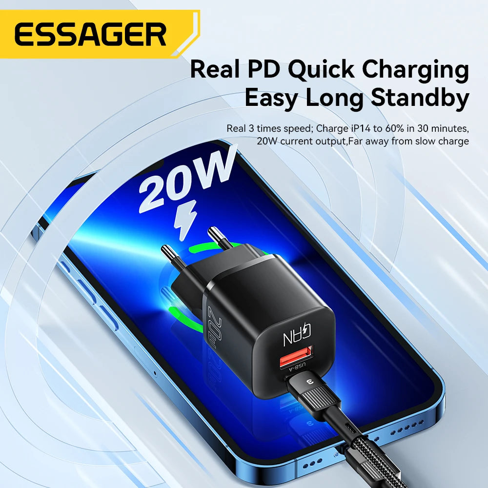 Essager 20W GaN USB Type C Charger Fast Charge Phone QC 3.0 Quick Chargers For iPhone 15 14 13 12 11Pro Max Mini iPad Charging