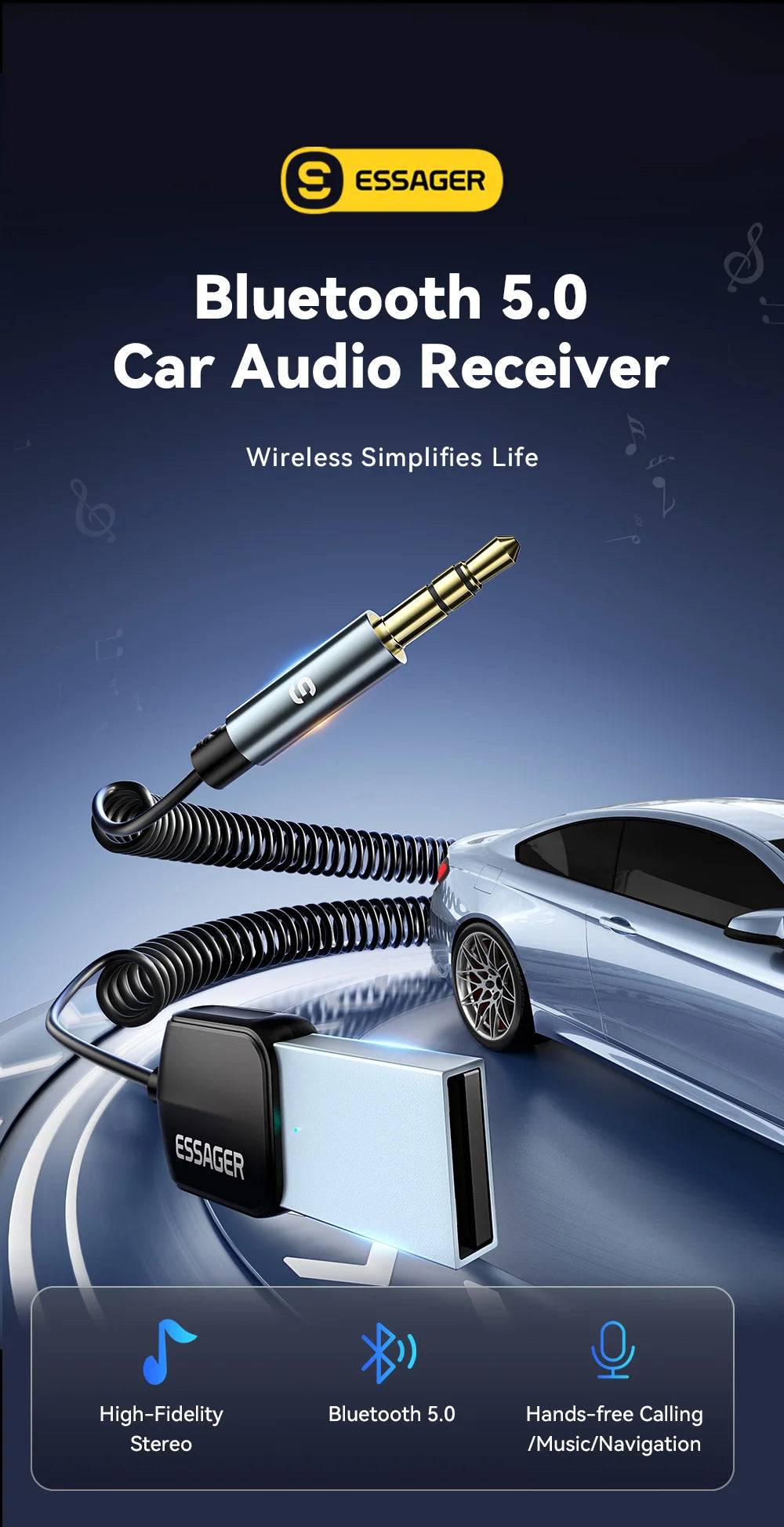 Essager Bluetooth Car Audio Cable 5.0 Transmitter Wireless Receiver Car AUX 3.5mm Jack Adapter Bluetooth Adapter Audio Cable