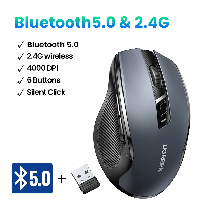 UGREEN Ergonomic Wireless Mouse – 6 Buttons, 2.4G/BT Dual Mode, 4000 DPI