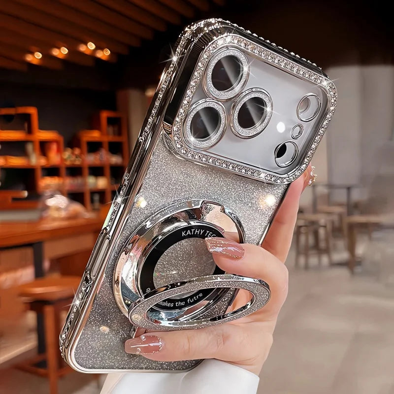 Plating MagSafe Rhinestones Magnetic Stand Case for iPhone 15–17 Series – Diamond Bumper Cover