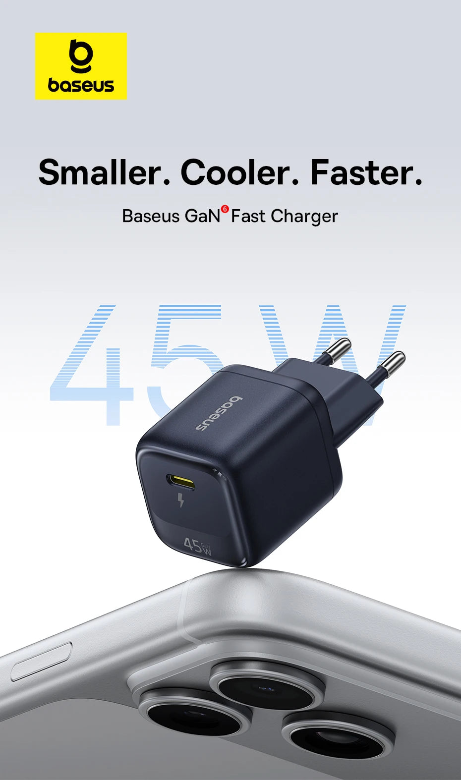 Baseus 45W GaN Charger For iPhone 17 16 15 Pro Max Samsung Galaxy Fast Charger Phone Charger USB C Charger Portable PD Charger