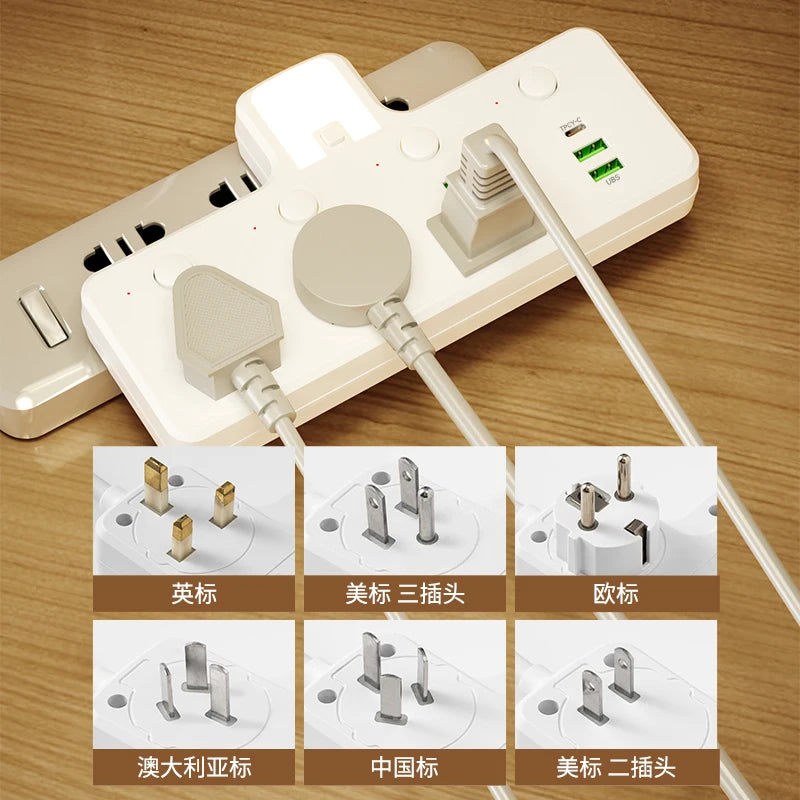 7-in-1 EU US UK AU Power Strip, Independent switch socket Power Strip 3 AC Outlets 2 USB 1 Type-C, Equipped USB charging adapter