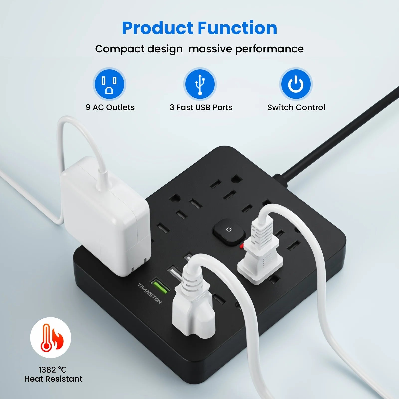 TRANSTON Home & Office Power Strip – 9 AC Outlets with 3 USB Ports