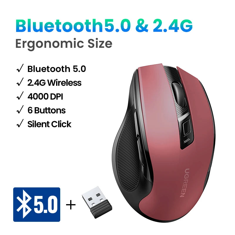 UGREEN Ergonomic Wireless Mouse – 6 Buttons, 2.4G/BT Dual Mode, 4000 DPI