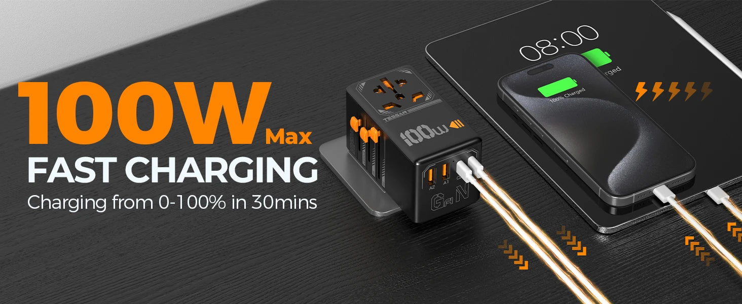 TESSAN 100W GaN Universal Travel Adapter – USB & Type-C Fast Charging
