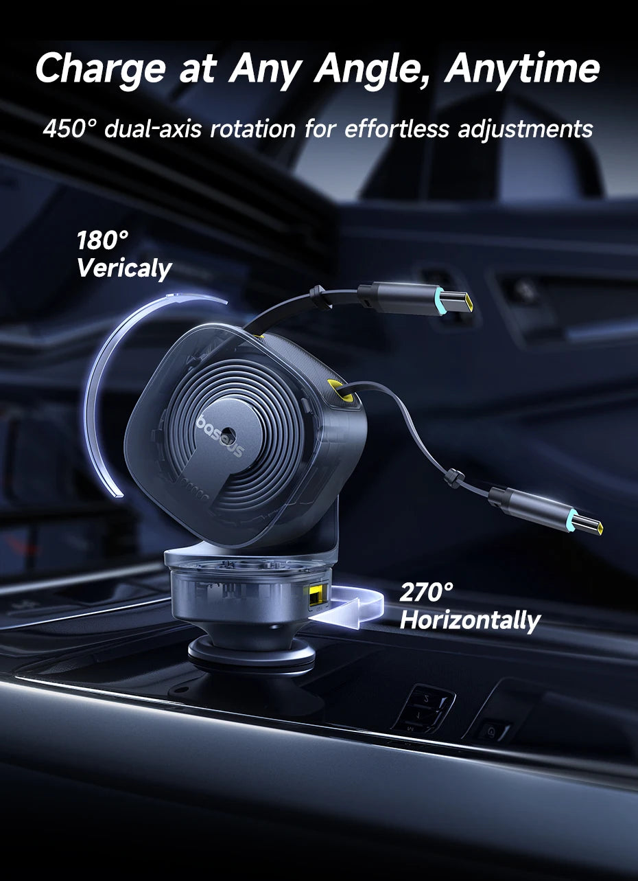 Baseus 240W Car Charger – 4-Port Fast Charging Adapter with Retractable USB-C Cable