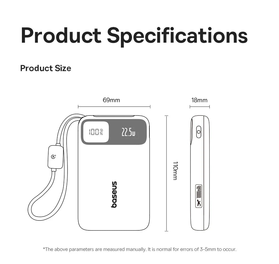 Baseus 10,000mAh Power Bank – 22.5W Fast Charge, Dual USB-C