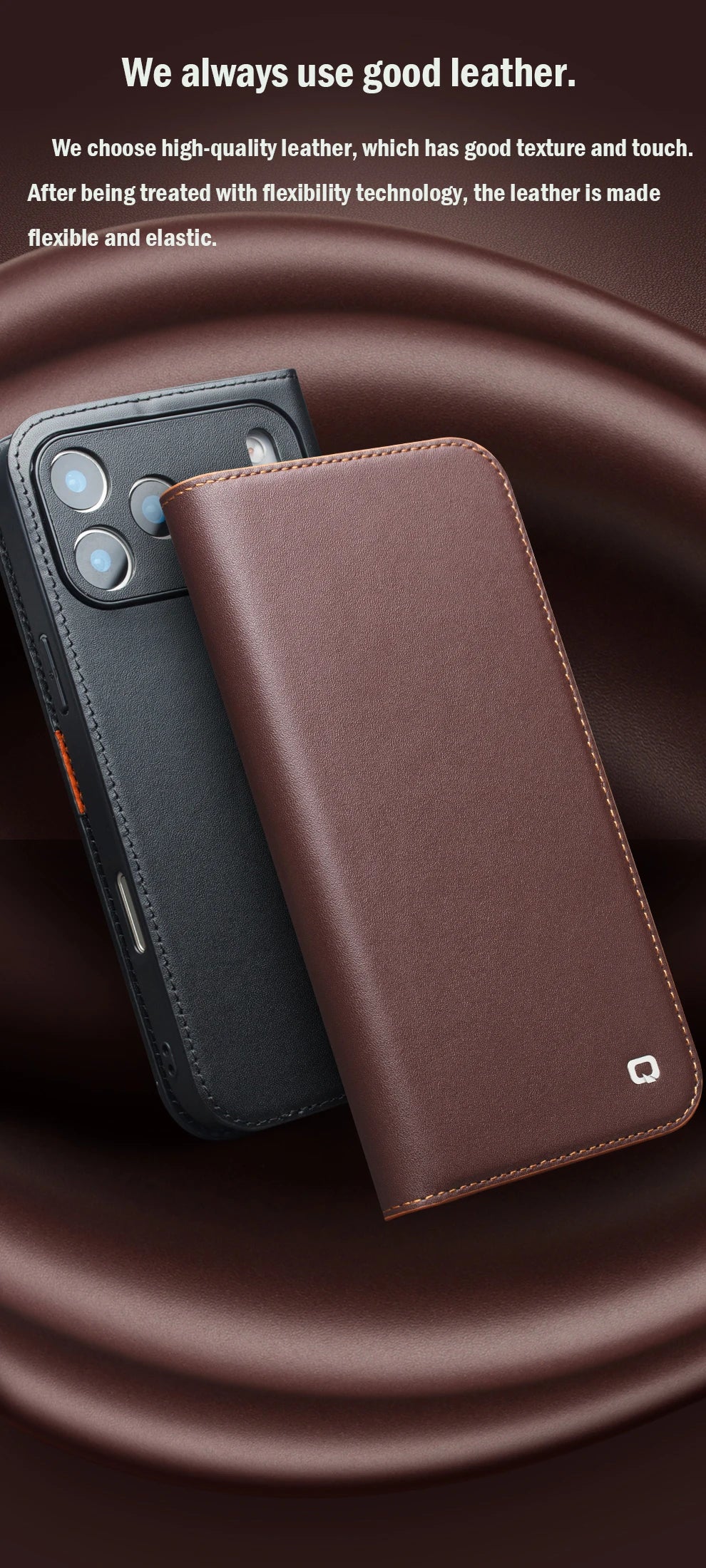 QIALINO Genuine Leather Wallet Case for iPhone 17 Pro Max – Handmade Flip Cover with Card Slots