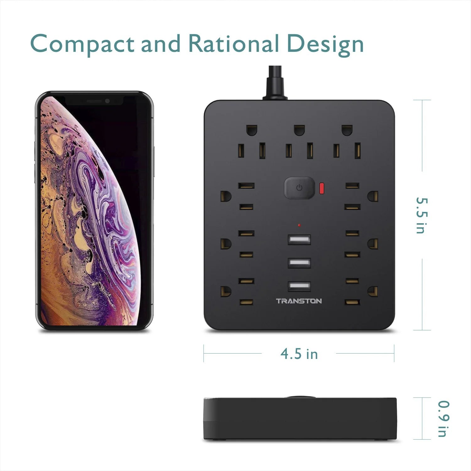 TRANSTON Home & Office Power Strip – 9 AC Outlets with 3 USB Ports