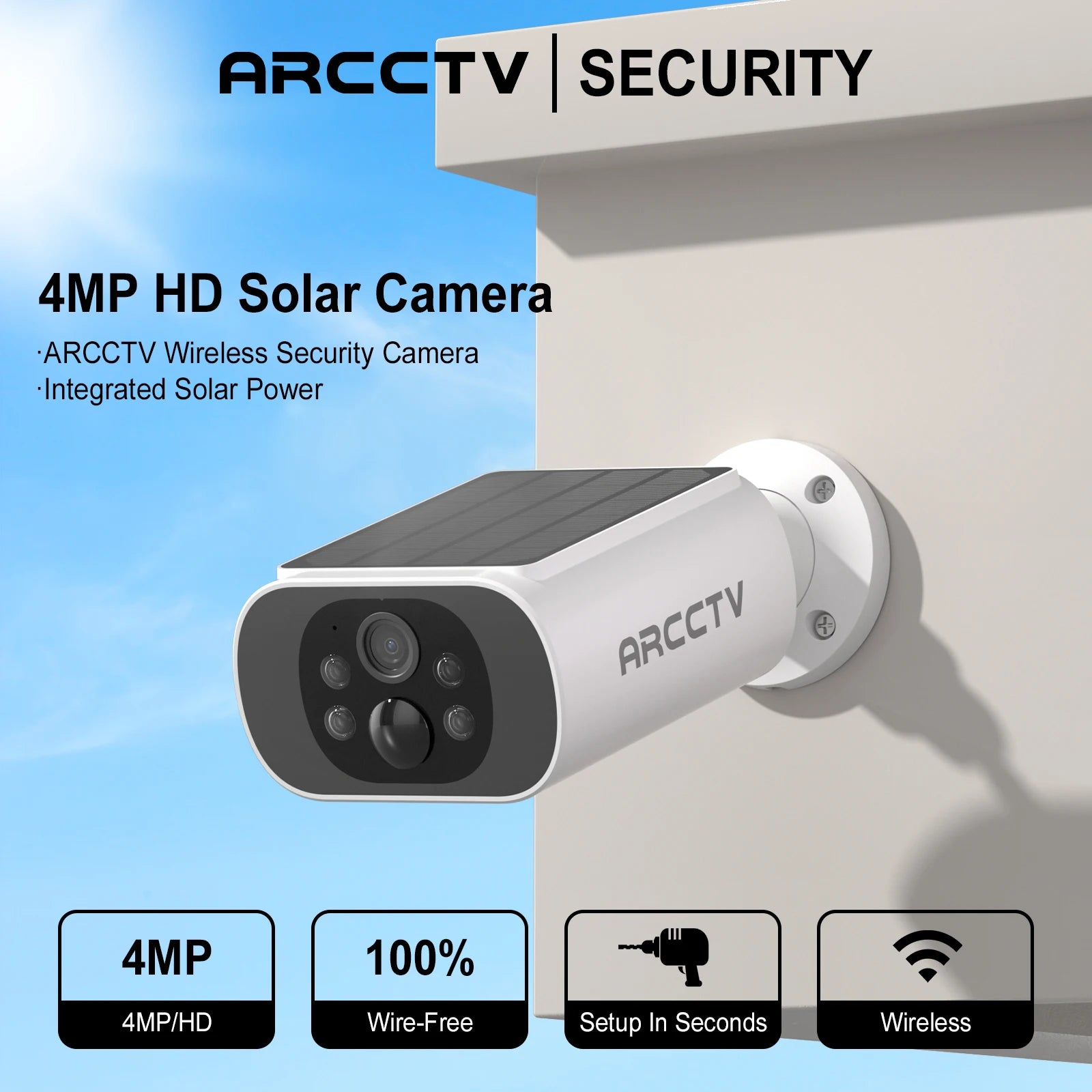 ARCCTV 2K Solar-Powered Wi-Fi Security Camera – Night Vision + Flash Alarm