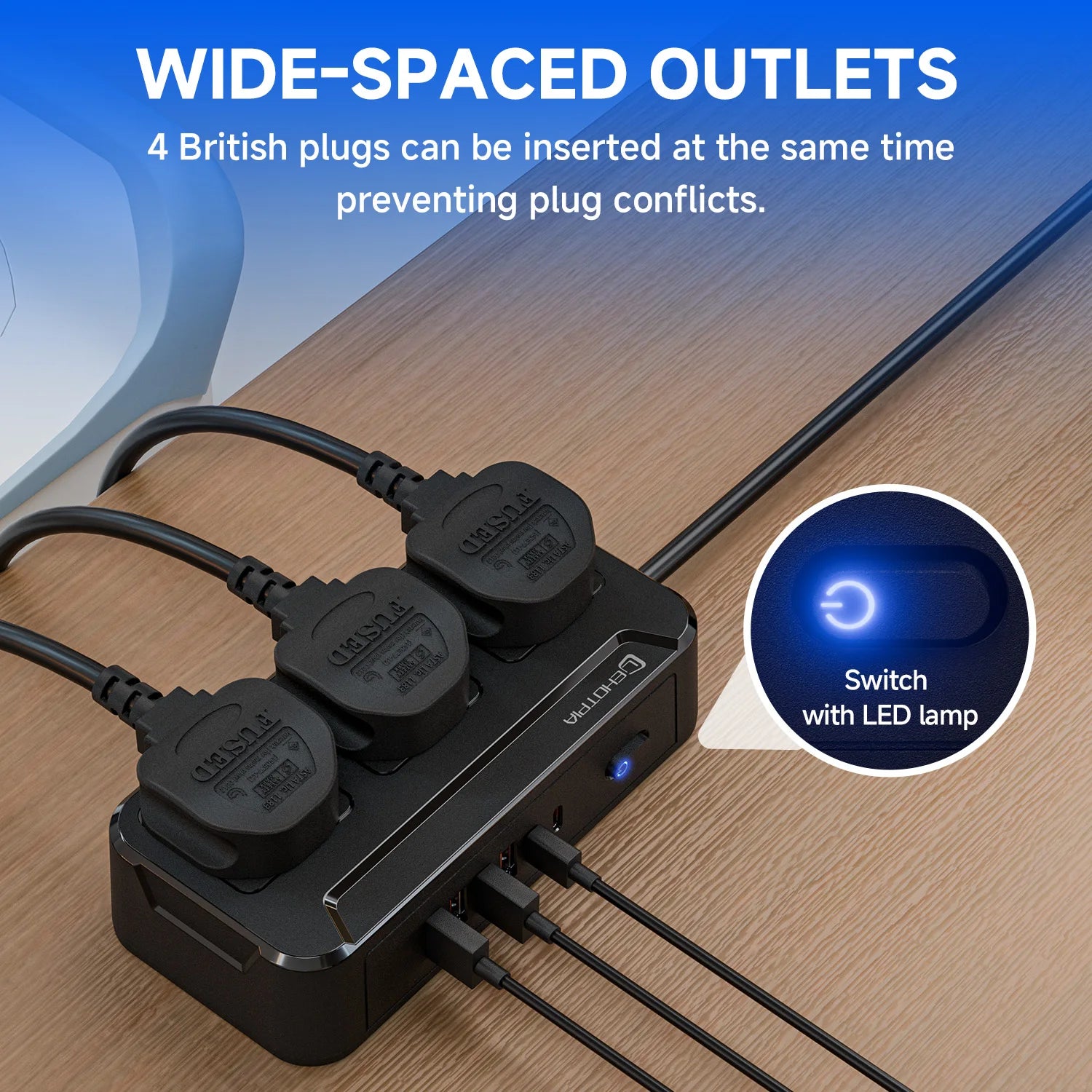 UK Power Strip with USB-C Fast Charging