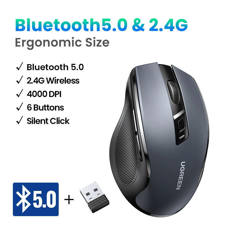 UGREEN Wireless Mouse – Ergonomic, 4000DPI, Bluetooth & 2.4G