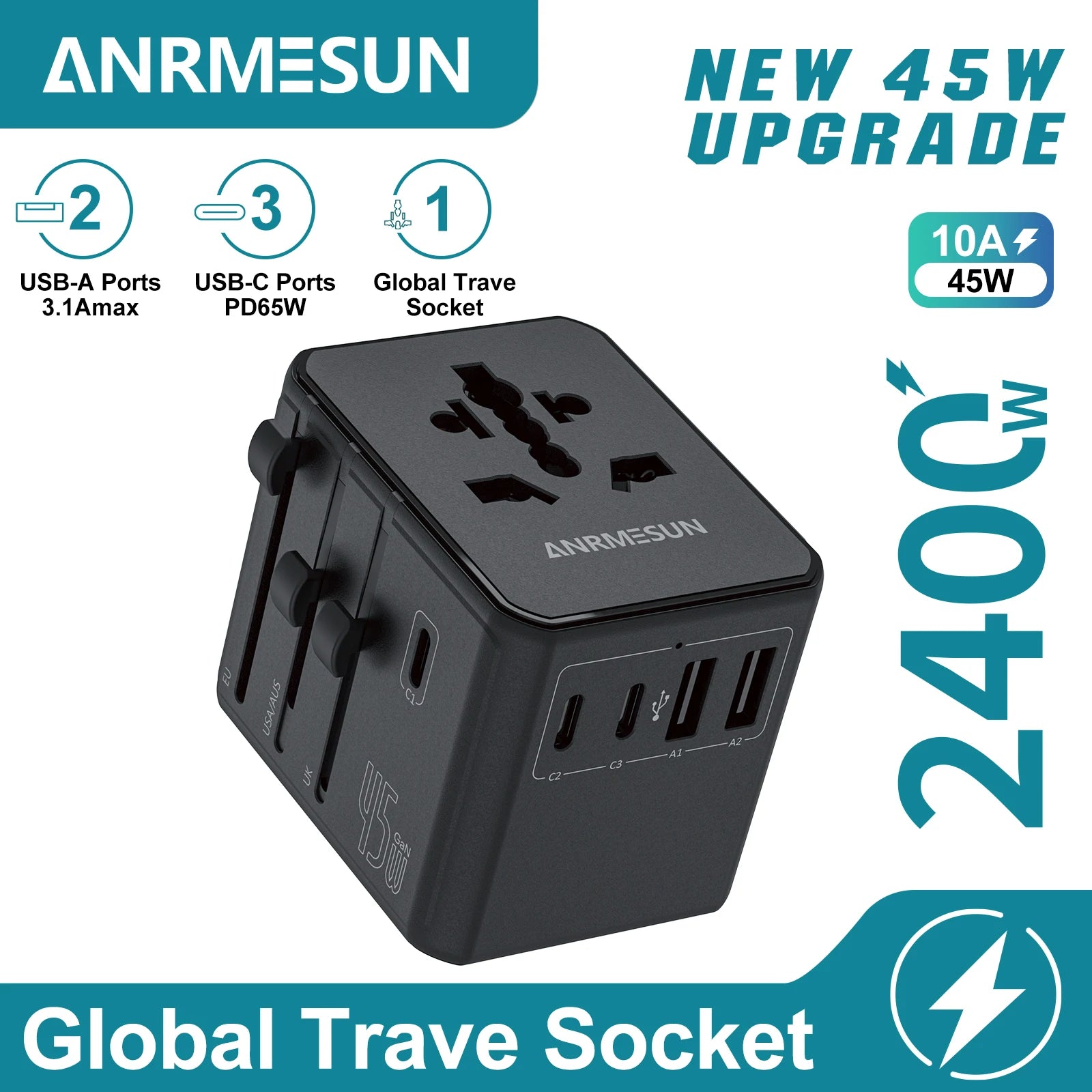 Global Universal Conversion Travel Plug 2 Type-C Sockets EU US AC Power Travel Adapter PD 65w 45w 25w Travel Plug Fast Charging