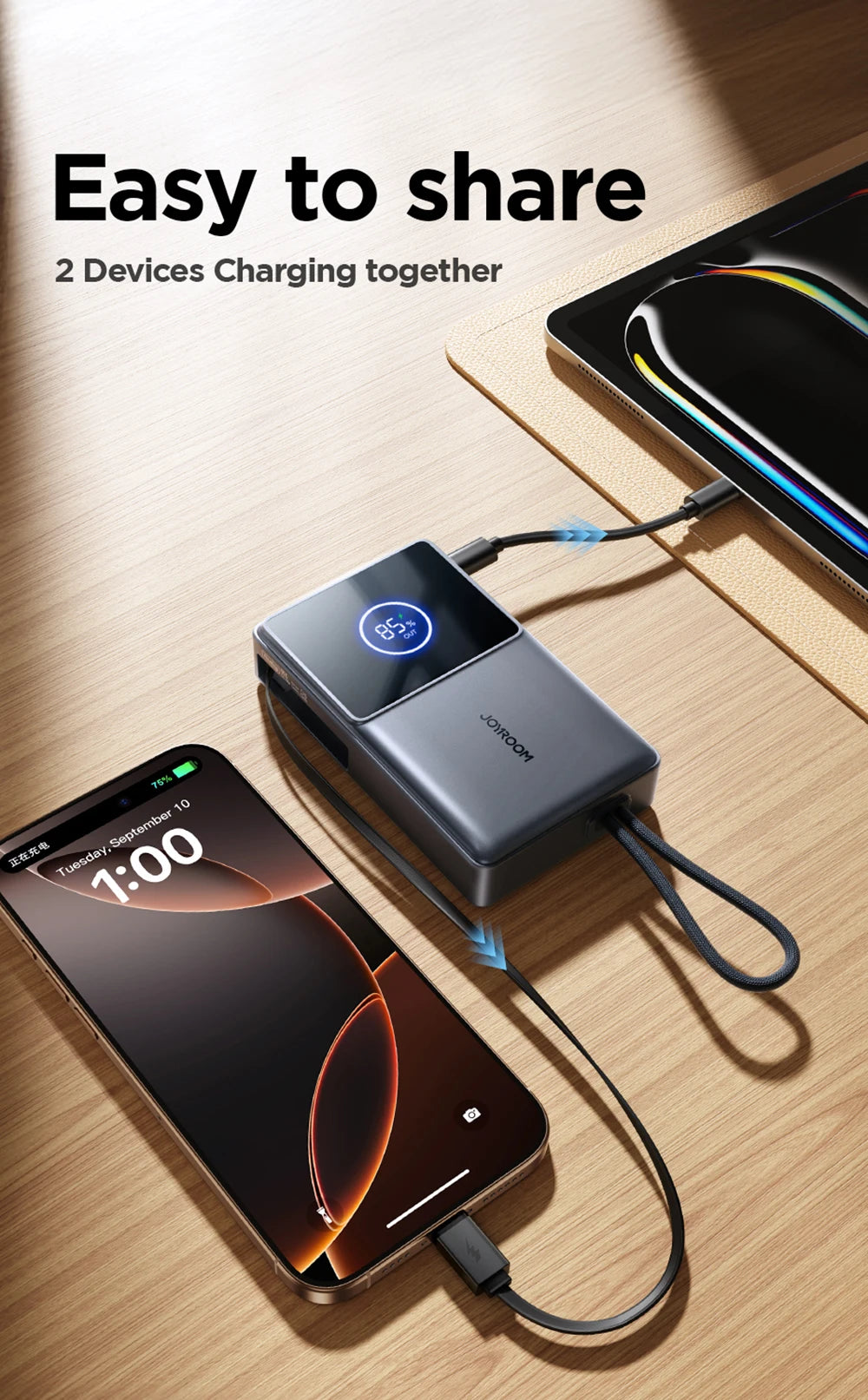 10000mAh Fast Charging Power Bank – Joyroom with Retractable Type-C Cable