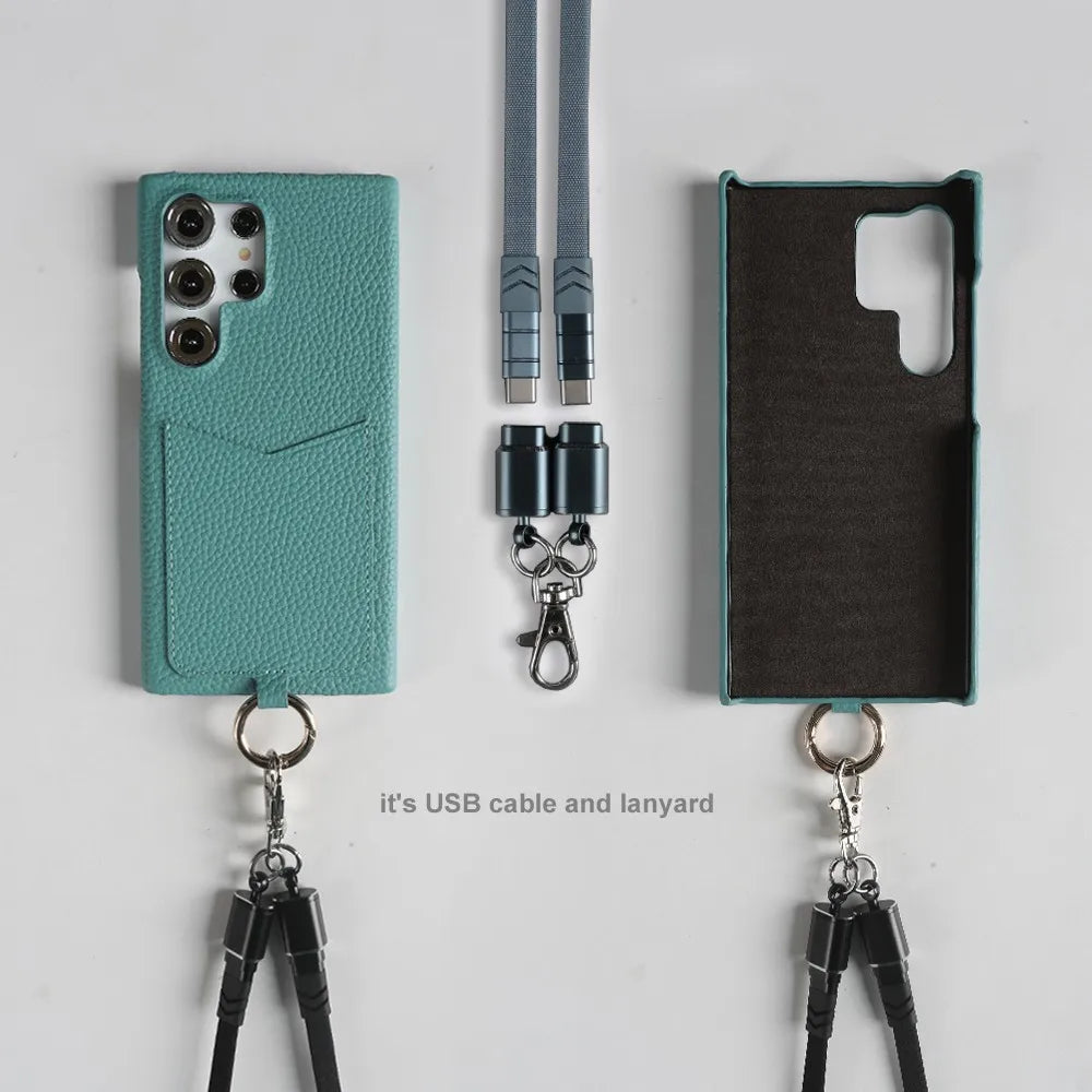 Multifunctional Charging Cable Lanyard Genuine Leather Case For iPhone 16 Pro Max 15Pro 11 13 12 14Pro Crossbody Strap Card Slot