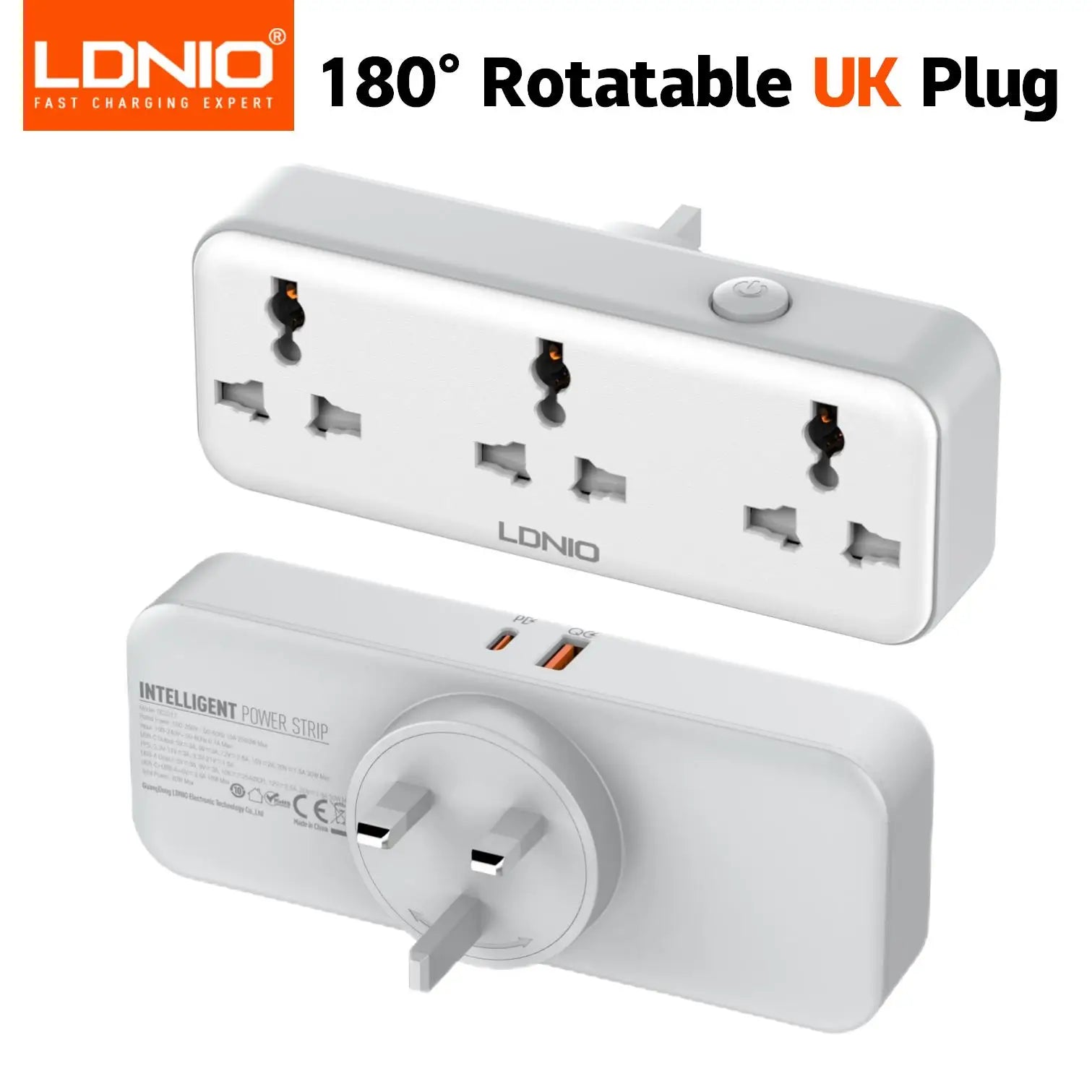 LDNIO Rotatable Power Plug with Switch – 3 AC Sockets & 2 USB (30W PD)