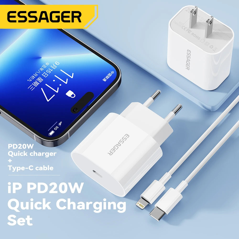 Essager 20W Charger Fast Charging Type-C Lightning Charger Set PD QC Quick Charge  For  iPhone 14 13 12 11 iPad Pro Max