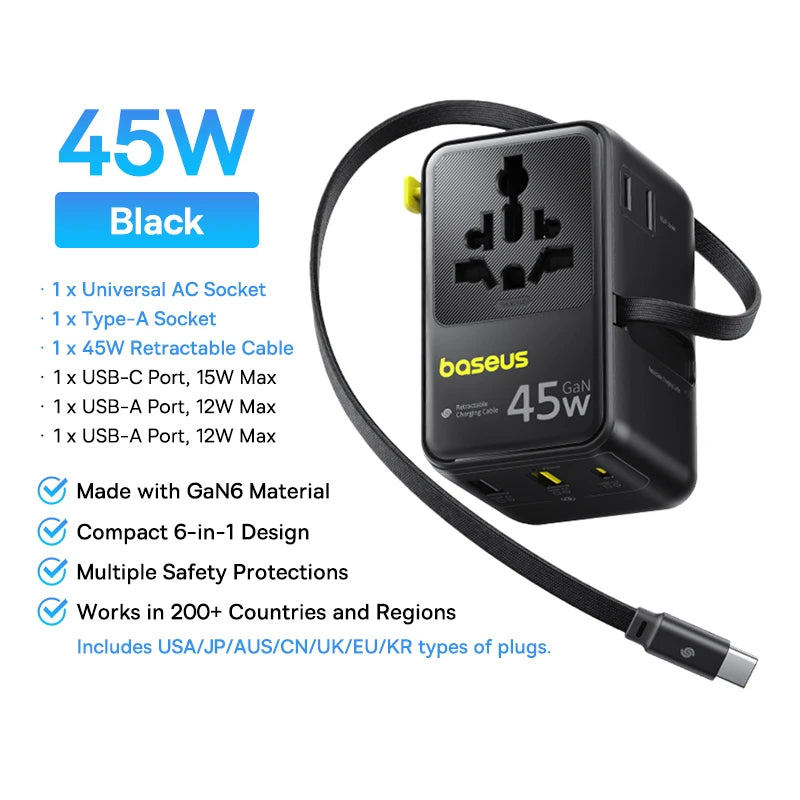 Baseus 6-in-1 GaN Travel Charger – 45W/70W Universal Adapter