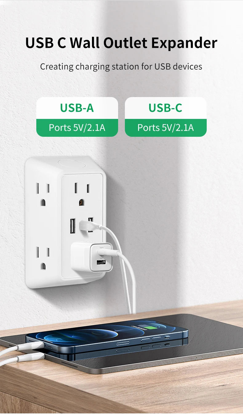 9-in-1 Wall Plug Power Adapter – 6 AC Outlets with 2 USB & 1 USB-C Charging