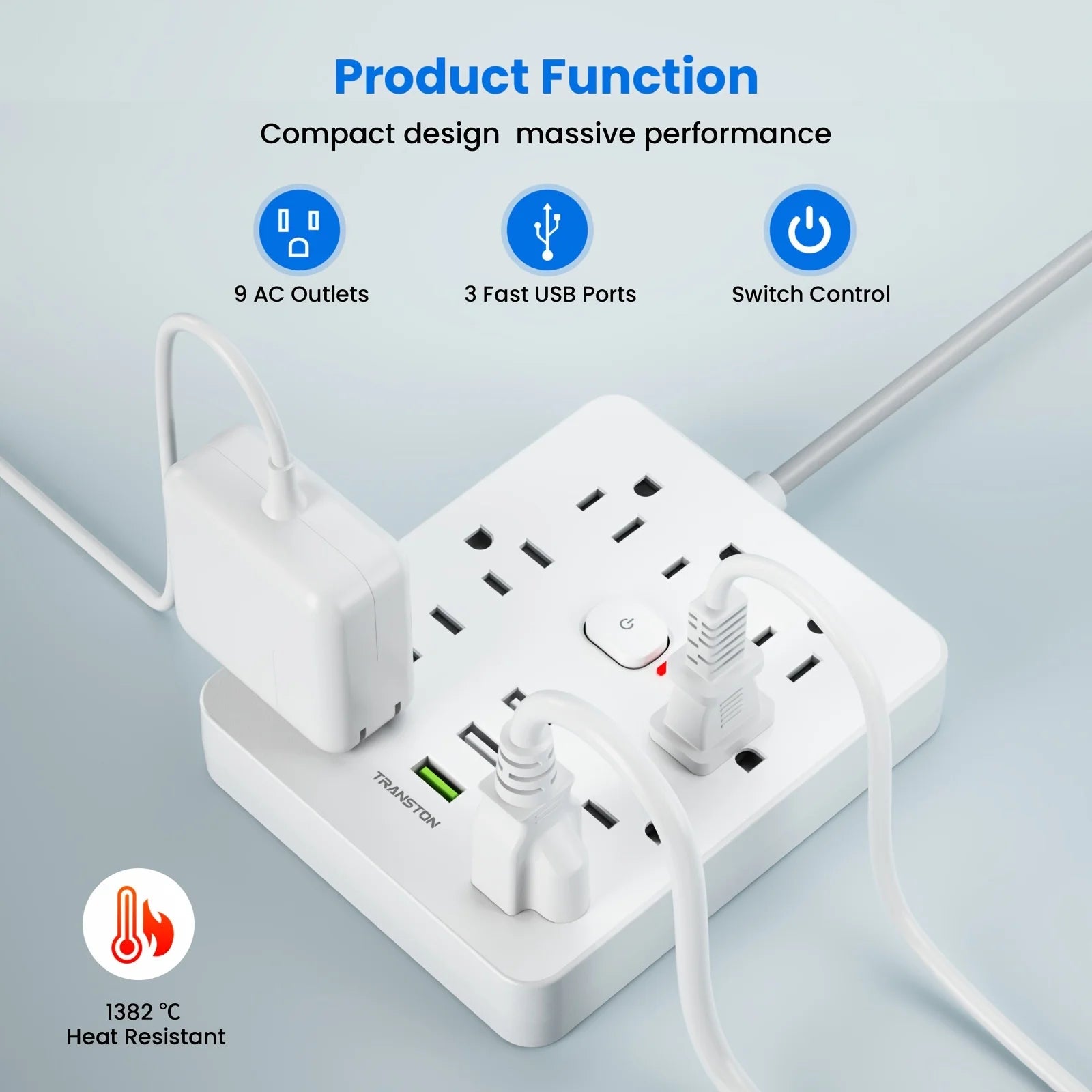TRANSTON Quick Charge Power Strip – 9 AC Outlets & 3 USB Ports
