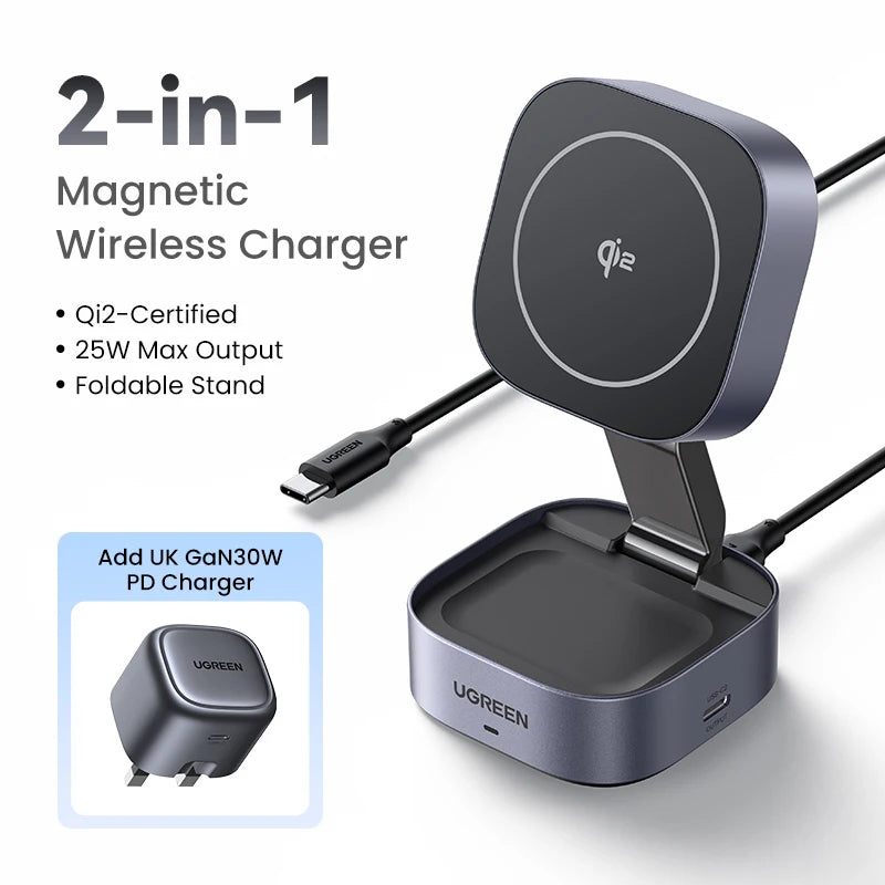 UGREEN Qi2/Qi Magnetic Wireless Charger Stand 15W 2-in-1 Charging Stand For iPhone 16 17 Pro Max/AirPods MagSafe Fast Charger