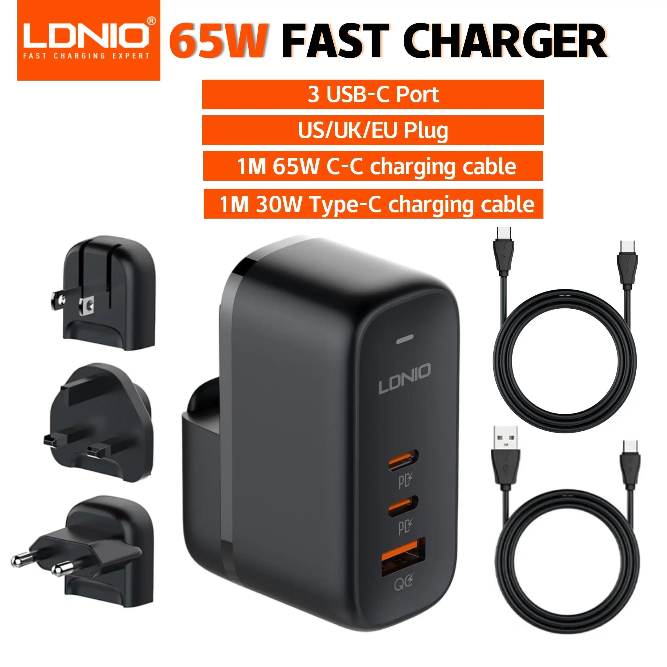 LDNIO 65W GaN USB-C Travel Charger – 3-Port PD/QC Wall Charger with EU/UK/US/AU Adapter