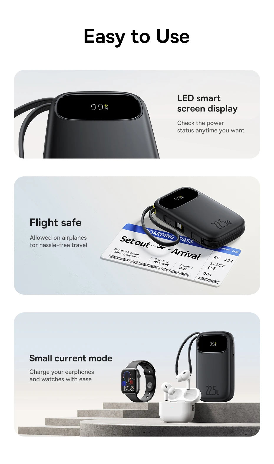 Baseus 22.5W 10000mAh 20000mAh Power Bank Built-In Retractable USB-C & Lightning Cable for iPhone 16 Samsung S25 Xiaomi Poco