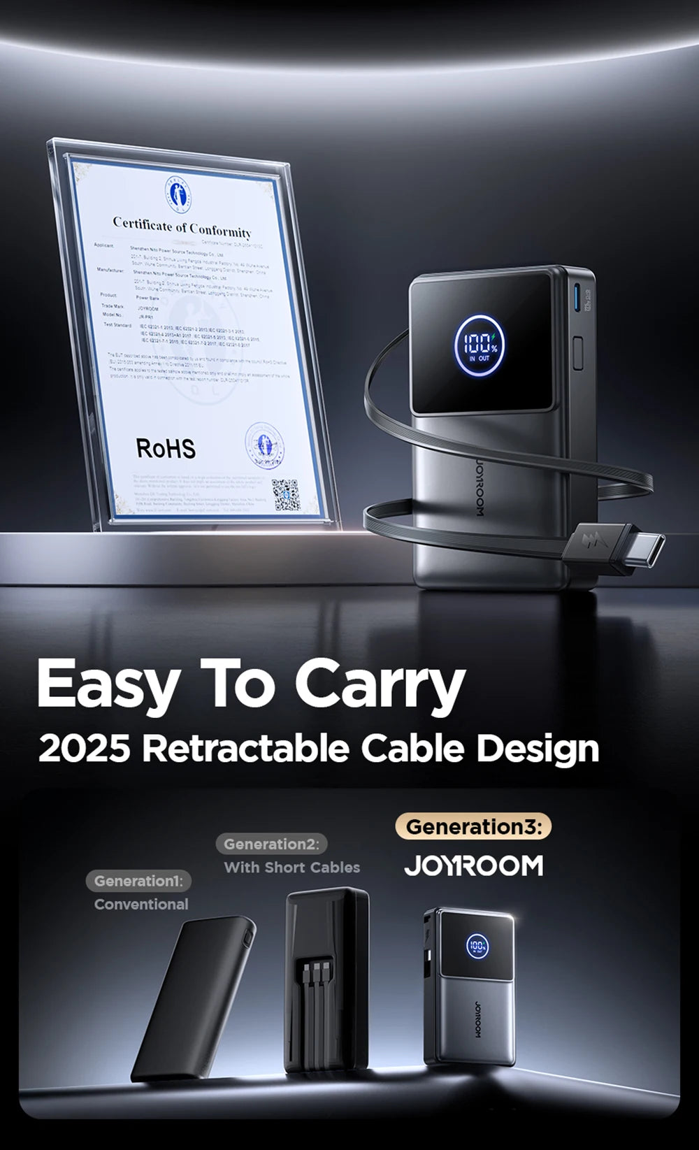 10000mAh Fast Charging Power Bank – Joyroom with Retractable Type-C Cable