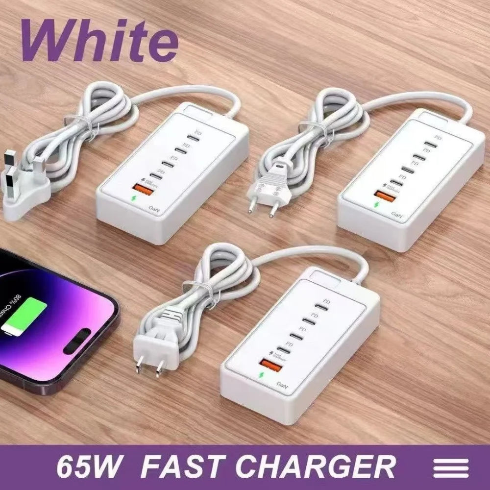 65W USB-C Fast Charging Hub – Multi-Port Wall Charger with 1M Extension Power Socket