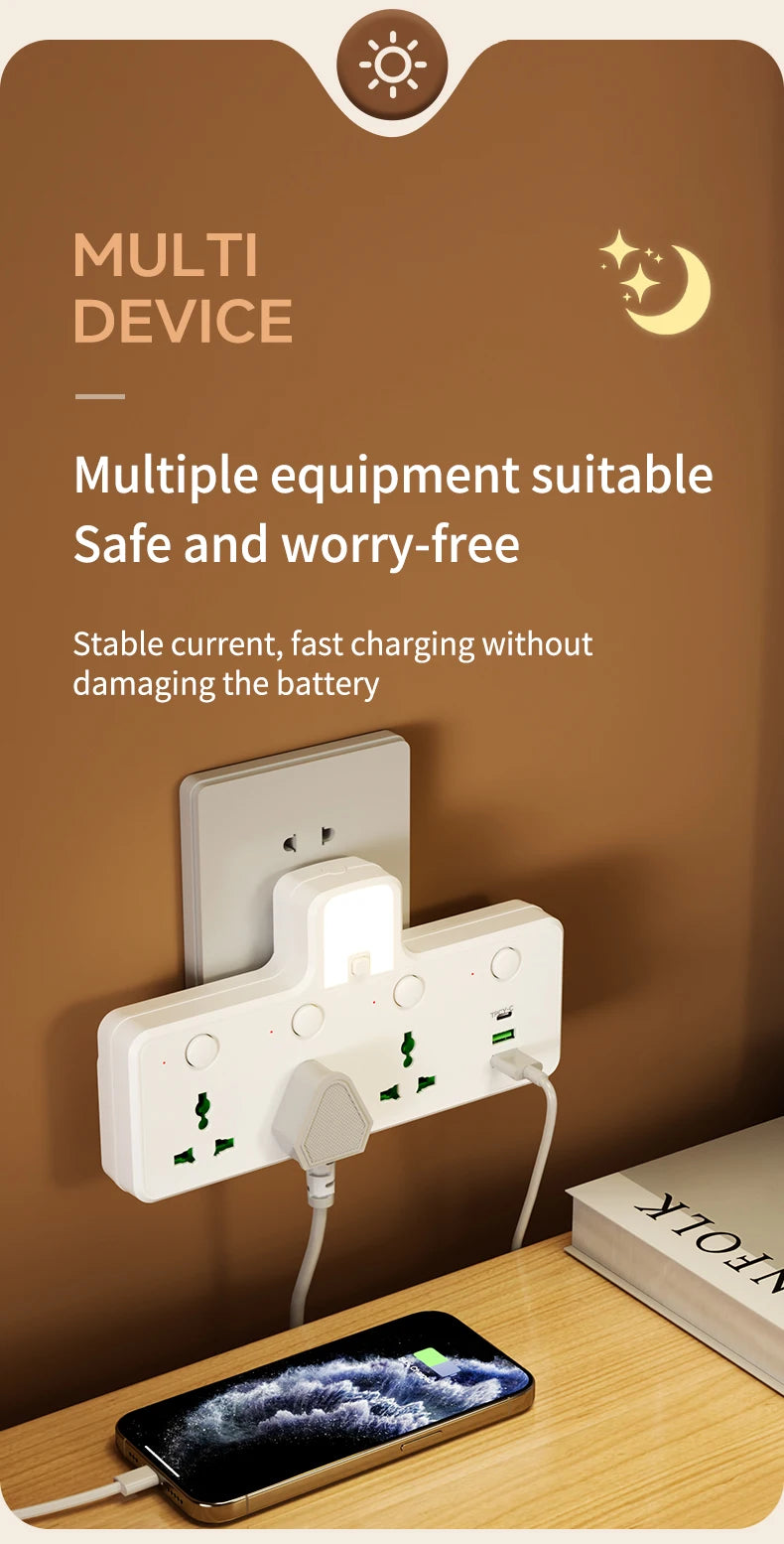 7-in-1 EU US UK AU Power Strip, Independent switch socket Power Strip 3 AC Outlets 2 USB 1 Type-C, Equipped USB charging adapter