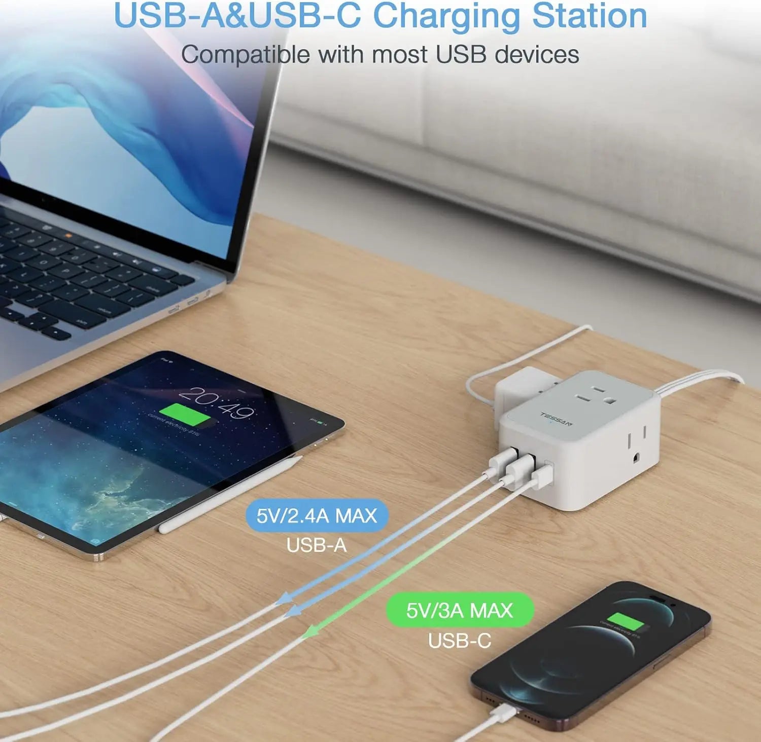 USB-A & USB-C charging station with laptop, tablet, and phone on a desk.