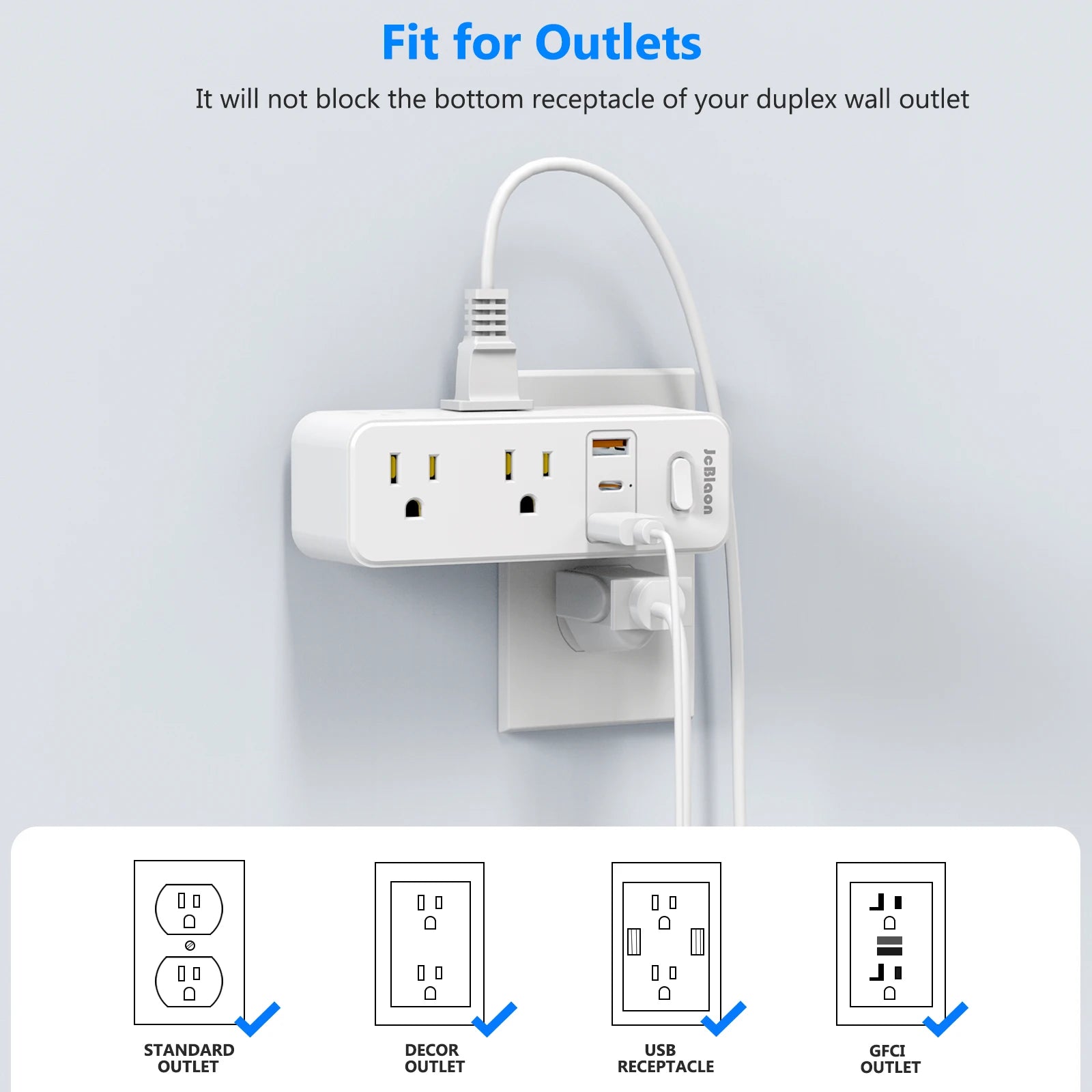 JcBlaon 360° Rotating US Power Strip – 6 AC Outlets, 3 USB Ports & 1 USB-C