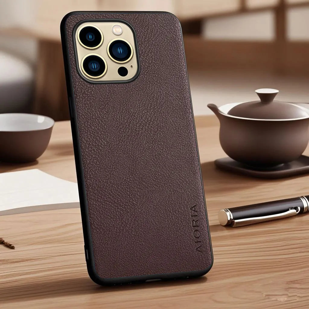 Vegan Faux Lychee Pebbled Leather Case for iPhone 15–17 Series – Soft Protective Cover