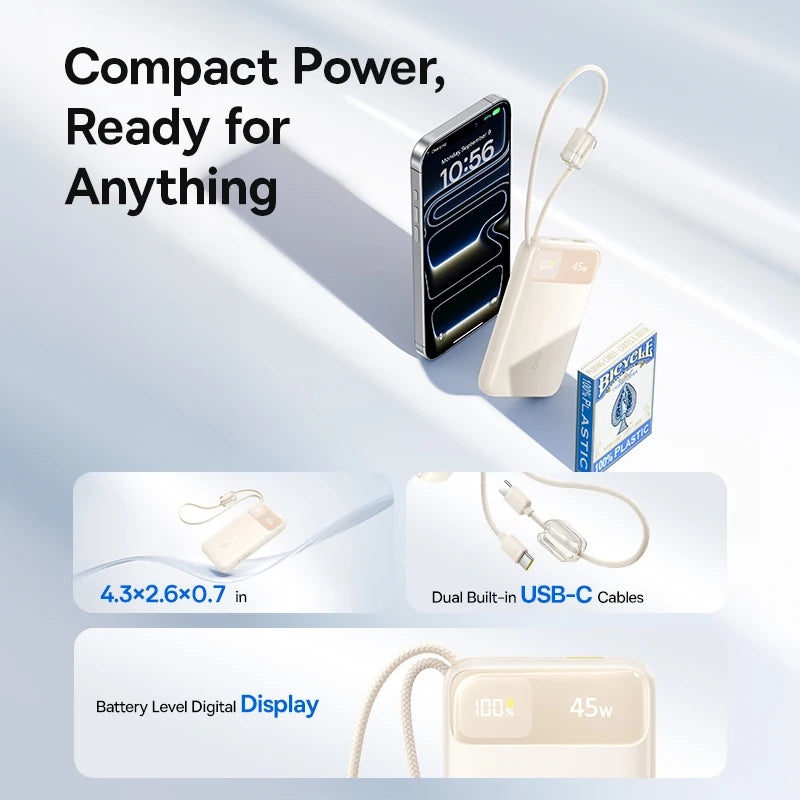 Baseus 45W Power Bank 10000mAh 20000mAh Built-In Dual USB-C Cable Fast Charging for iPhone 17 16 Pro Max Samsung S25 Xiaomi Poco
