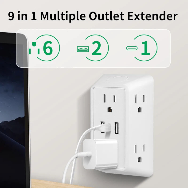 9-in-1 Wall Plug Power Adapter – 6 AC Outlets with 2 USB & 1 USB-C Charging