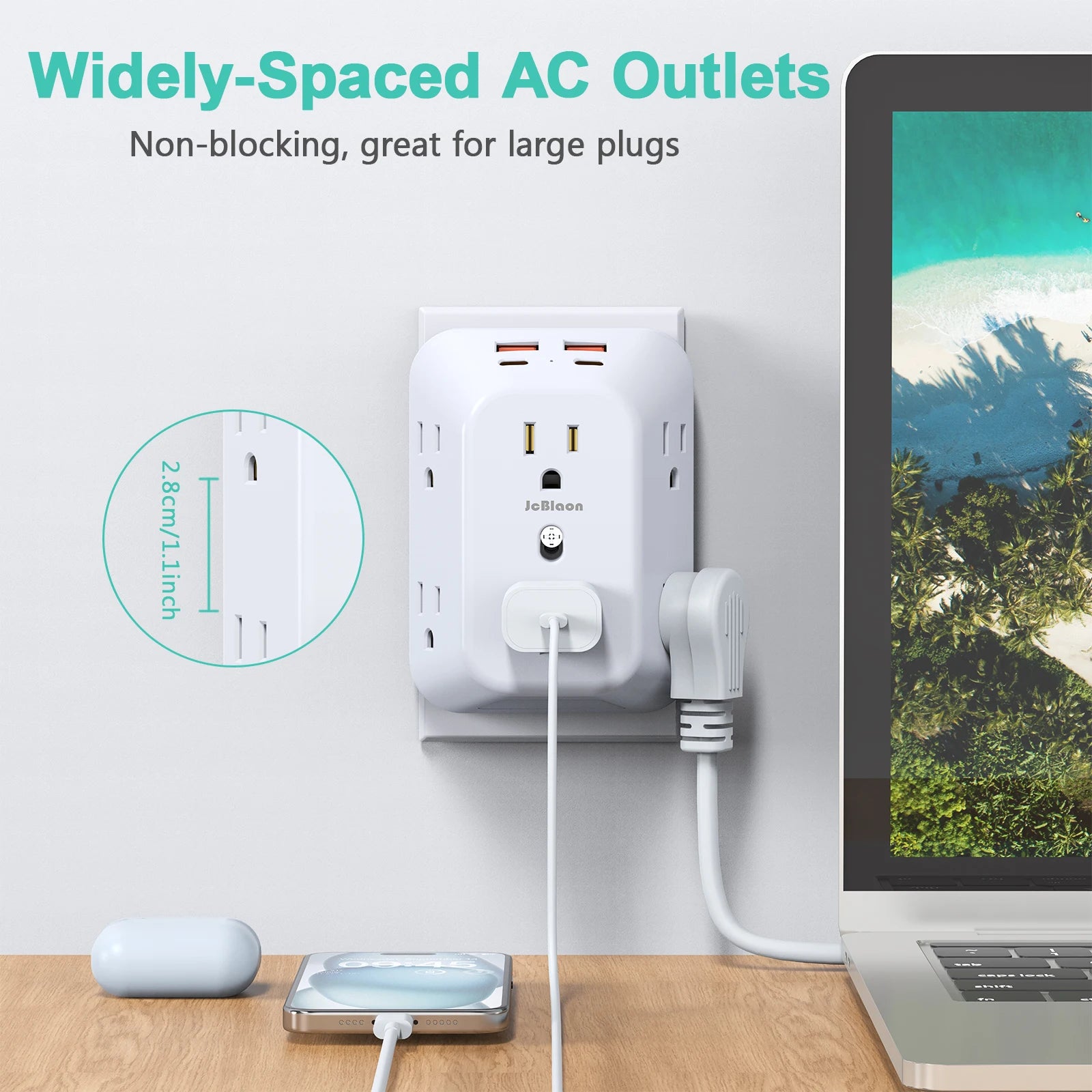 USB Wall Charger Surge Protector – 6 AC Outlets, 4 USB Ports & 2 USB-C