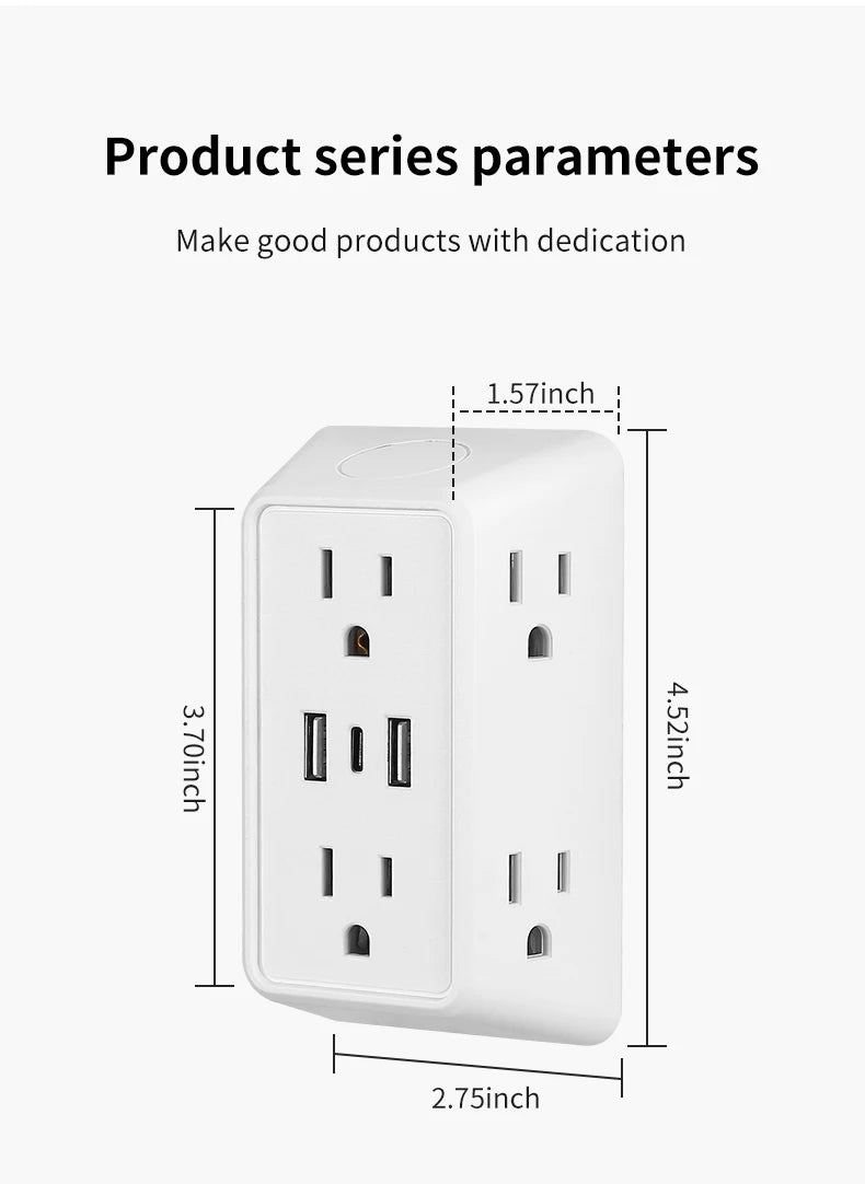 9-in-1 Wall Plug Power Adapter – 6 AC Outlets with 2 USB & 1 USB-C Charging